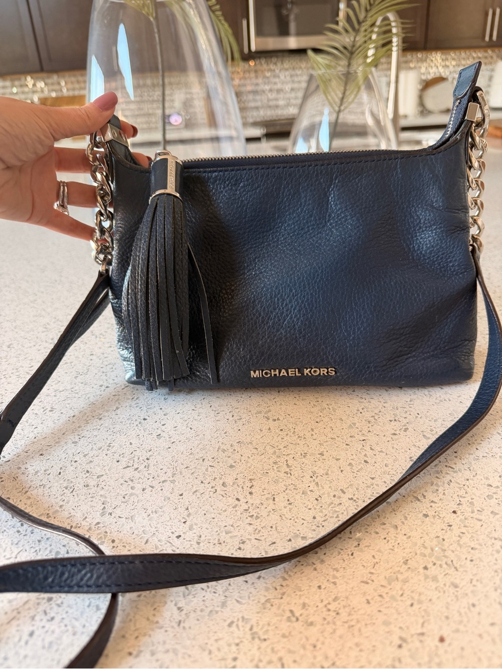 Michael Kors Deep Navy Blue Leather Tassel Crossbody with Chain Strap